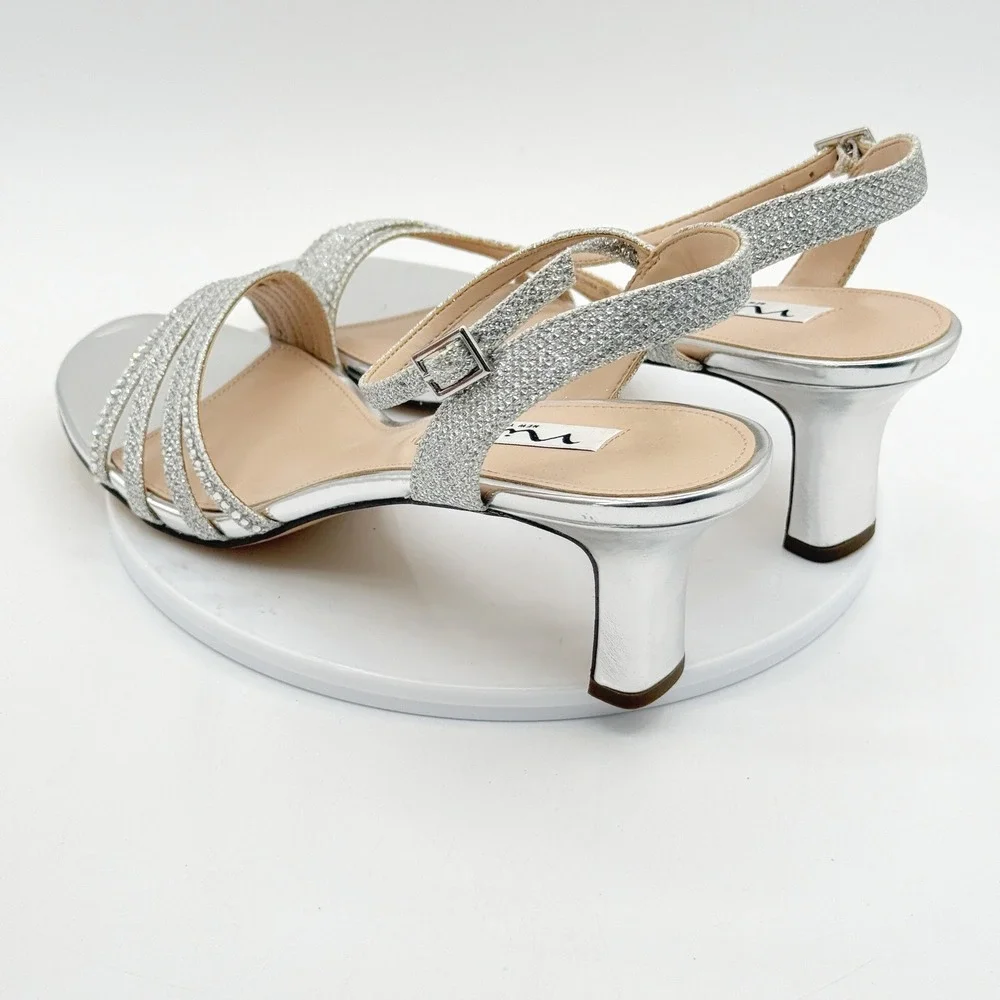 Nina Nelena Silver Glitter Size 9 Womens Strappy Kitten Heel Sandal NEW no box